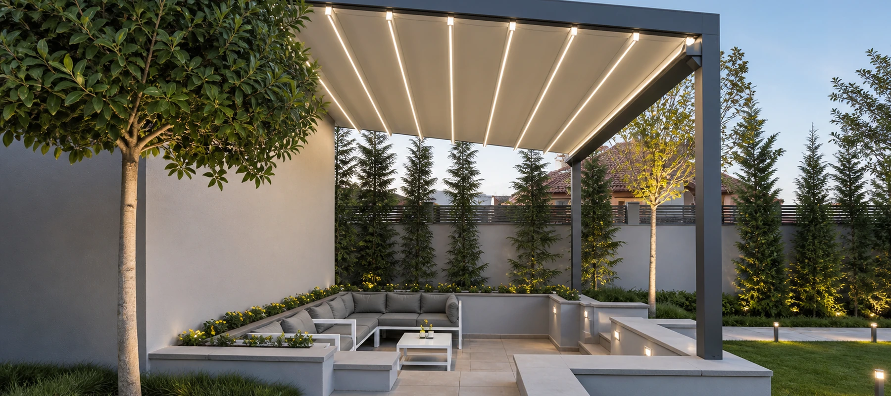 Otomatik pergola ile kapatılmış teras uygulaması