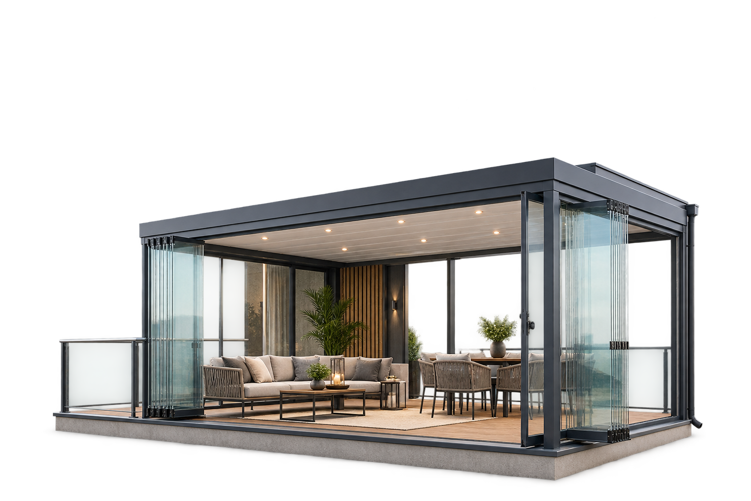 Katlanır cam balkon sistemi 3D görseli