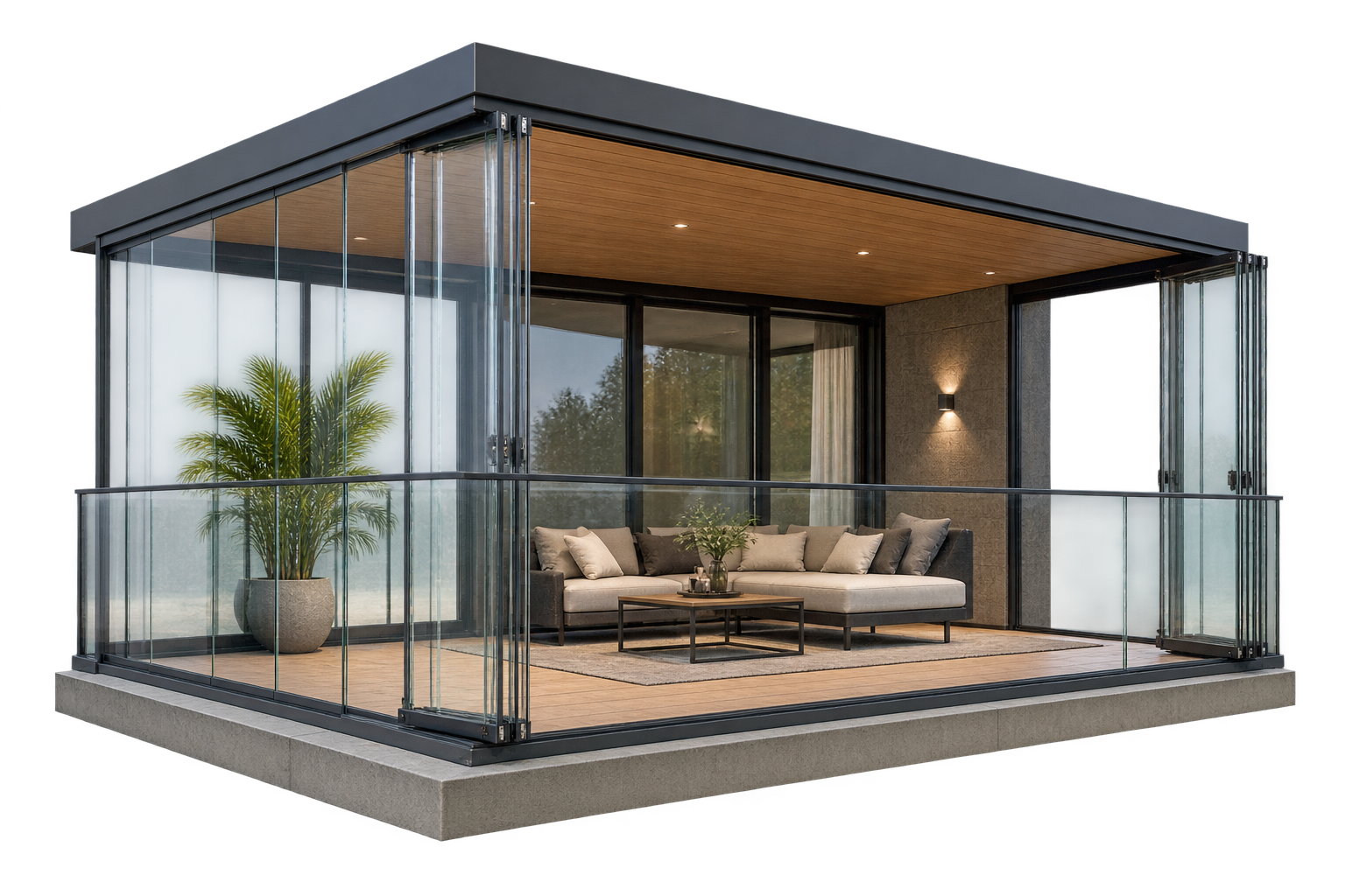 Katlanır cam balkon sistemi 3D görseli